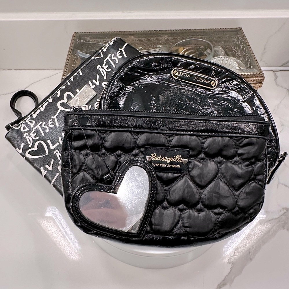 Betsey Johnson - LOT OF 3 - Makeup/Cosmetic Bags/Pouches Black/Silver/Gold, VGUC